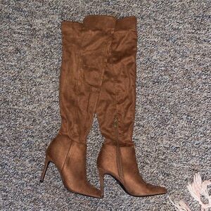 Over the knee brown suede heel boot